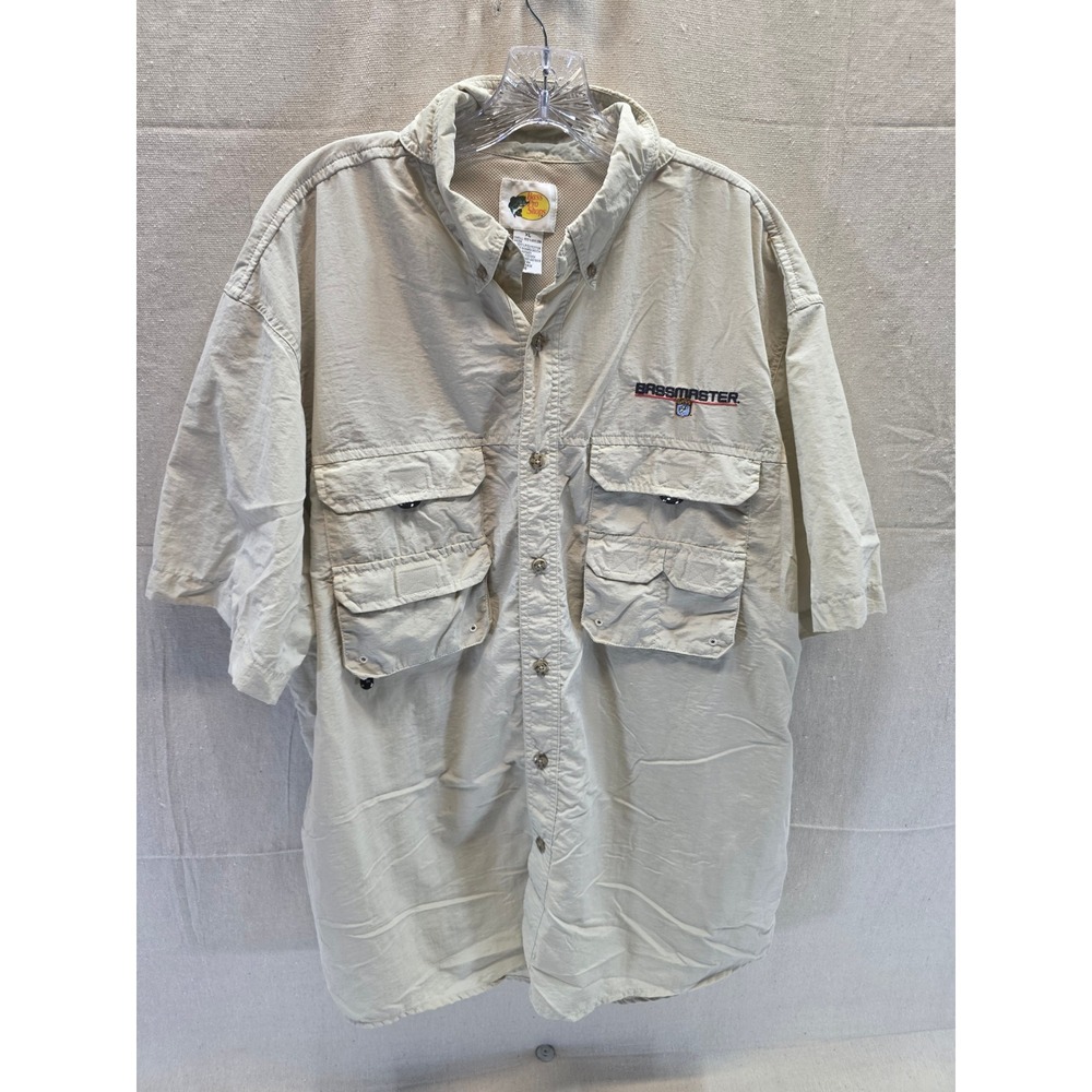 Bass Pro Shops Bassmaster Fishing Shirt Mens XL Tan Nylon Short Sleeve Vented